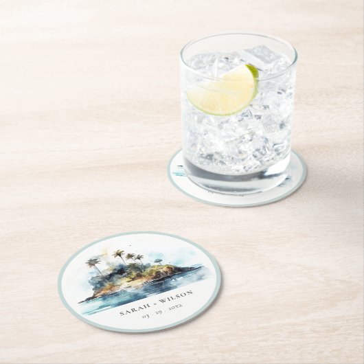 シックなウォーターカラーシースケープパームツリーアイランド結婚ズ ラウンドペーパーコースター (インサイチュ)