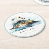 シックなウォーターカラーシースケープパームツリーアイランド結婚ズ ラウンドペーパーコースター (アングル)