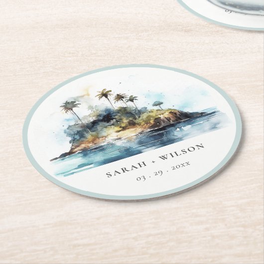 シックなウォーターカラーシースケープパームツリーアイランド結婚ズ ラウンドペーパーコースター (アングル)