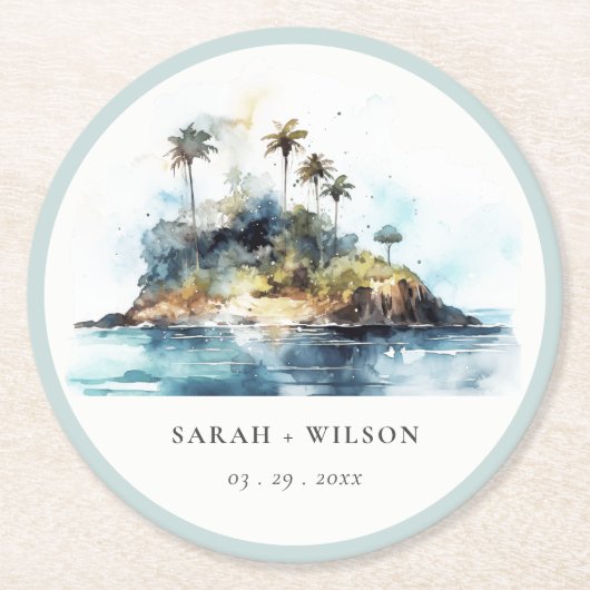 シックなウォーターカラーシースケープパームツリーアイランド結婚ズ ラウンドペーパーコースター (正面)