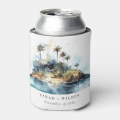 シックなウォーターカラーシースケープパームツリーアイランド結婚ズ 缶クーラー (缶正面)