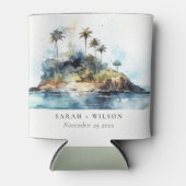 シックなウォーターカラーシースケープパームツリーアイランド結婚ズ 缶クーラー (正面)