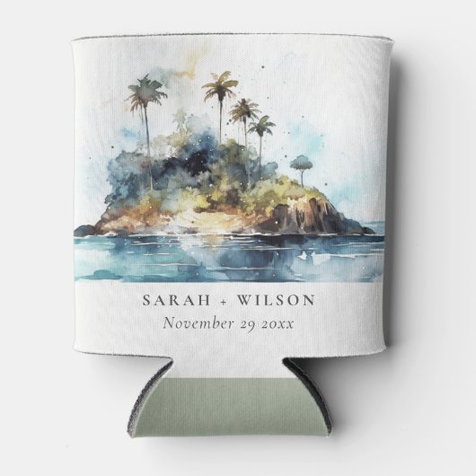 シックなウォーターカラーシースケープパームツリーアイランド結婚ズ 缶クーラー (正面)