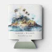 シックなウォーターカラーシースケープパームツリーアイランド結婚ズ 缶クーラー (裏面)