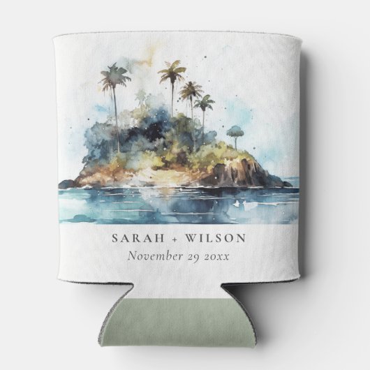 シックなウォーターカラーシースケープパームツリーアイランド結婚ズ 缶クーラー (裏面)