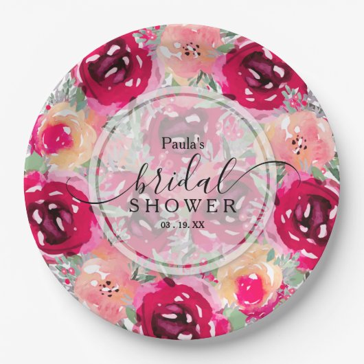 シックなウォーターカラーピンクフローラブライダルシャワー ペーパープレート (正面)