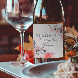 シックなウォーターカラーピンクベージュクリームフローラブーケ ワインラベル