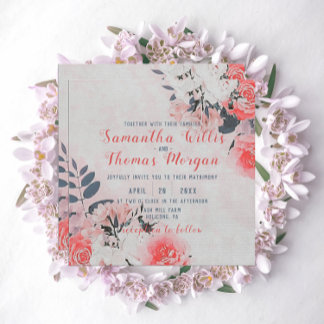 シックなウォーターカラーピンクベージュクリームフローラブーケ 招待状