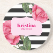 シックなウォーターカラーピンクローズ白黒ストライプズ コースター (正面)