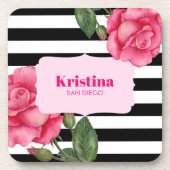 シックなウォーターカラーピンクローズ白黒ストライプズ コースター (正面)