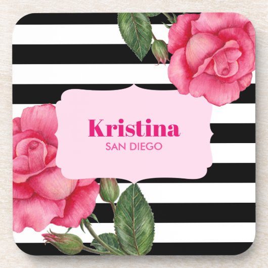 シックなウォーターカラーピンクローズ白黒ストライプズ コースター (正面)