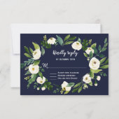 シックなウォーターカラーホワイトフローラリースダークブルーRSVP 出欠カード (裏面)