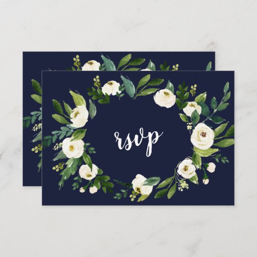 シックなウォーターカラーホワイトフローラリースダークブルーRSVP 出欠カード (正面/裏面)