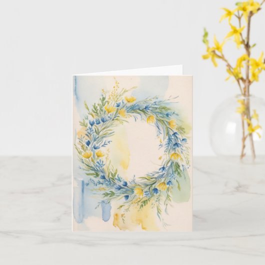 シックなウクライナインスパイア国旗リース水色 カード (黄色い花)