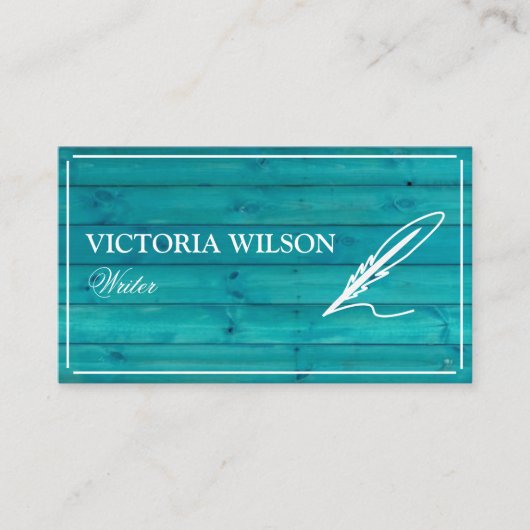 シックなウッドブルーターコイズとホワイトライター 名刺 (正面)