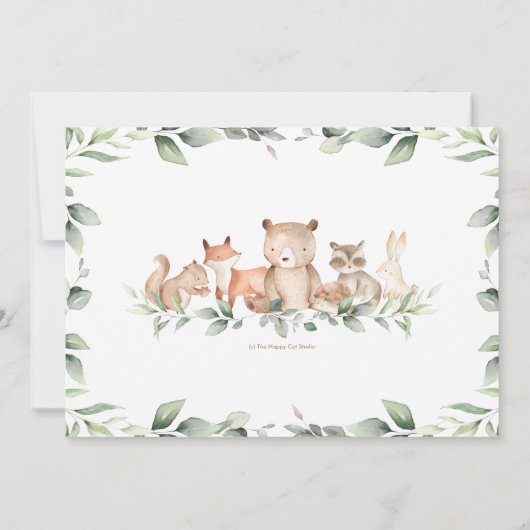 シックなウッドランドアニマルズグリーン誕生日写真 招待状 (裏面)