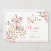 シックなウッドランドアニマルズトライバルワイルドワン誕生日 招待状 (正面)