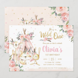 シックなウッドランドアニマルズトライバルワイルドワン誕生日 招待状