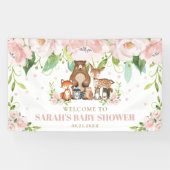 シックなウッドランドアニマルズピンクフローラ背景へようこそ 横断幕 (横)