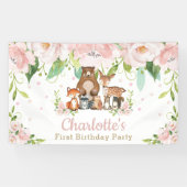 シックなウッドランドアニマルズピンクフローラ背景へようこそ 横断幕 (横)
