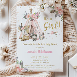 シックなウッドランドアニマルズボホトライバルガールベビーシャワー 招待状