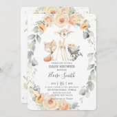 シックなウッドランドイエローフローラグリーンリーベビーシャワー 招待状 (正面/裏面)