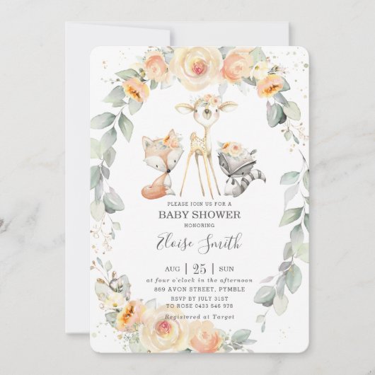 シックなウッドランドイエローフローラグリーンリーベビーシャワー 招待状 (正面)