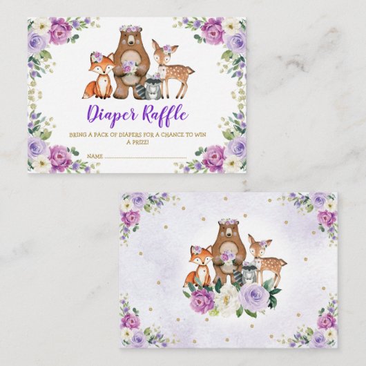 シックなウッドランドパープルフローラベビーおむつラッフル エンクロージャーカード (正面/裏面)