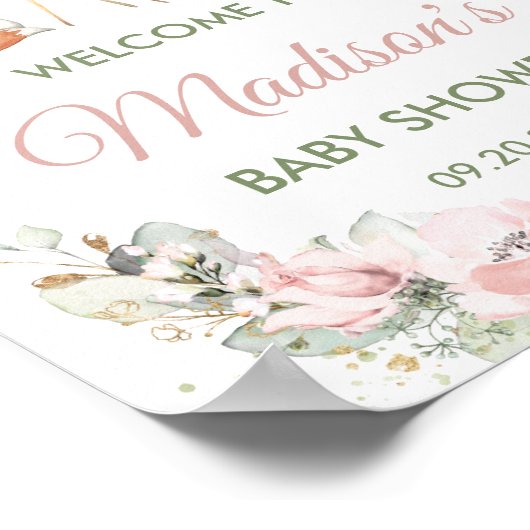 シックなウッドランド動物の緑のフローラウェルカムサイン ポスター (角)