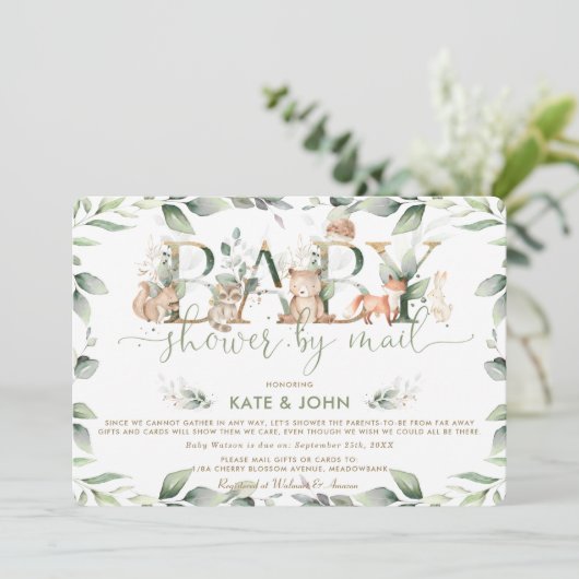 シックなウッドランド動物の緑の赤ちゃんシャワー(郵便) 招待状 (スタンド正面)