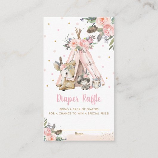 シックなウッドランド動物トライバルシャワーおむつラッフル エンクロージャーカード (正面)