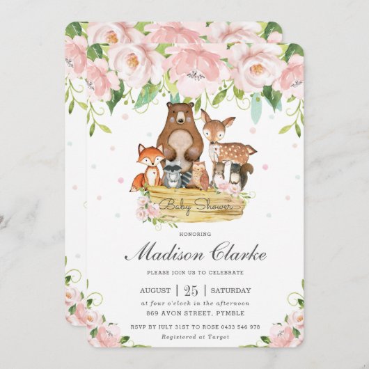 シックなウッドランド動物ピンクのフローラ赤ちゃんシャワー 招待状 (正面/裏面)