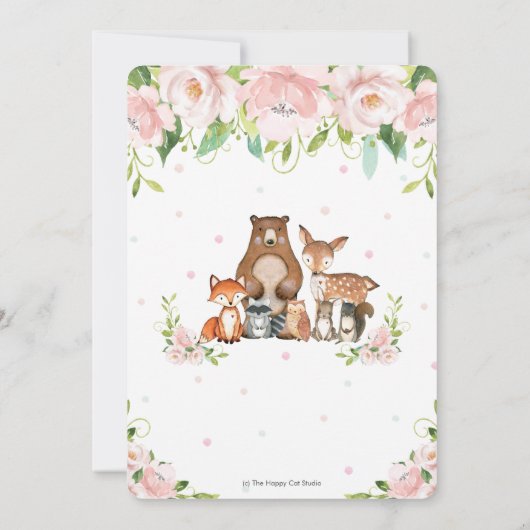 シックなウッドランド動物ピンクのフローラ赤ちゃんシャワー 招待状 (裏面)