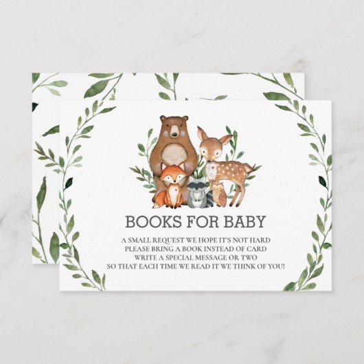 シックなウッドランド動物緑の本ベビーカード 招待状 (正面/裏面)
