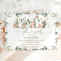 シックなウッドランド動物緑の赤ちゃんシャワーニュートラル