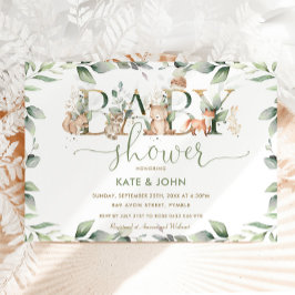 シックなウッドランド動物緑の赤ちゃんシャワーニュートラル 招待状