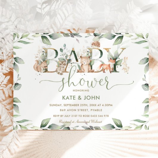 シックなウッドランド動物緑の赤ちゃんシャワーニュートラル 招待状