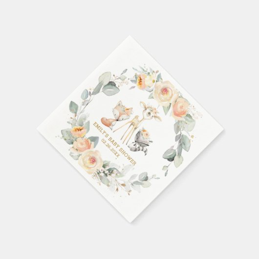 シックなウッドランド動物赤ちゃんシャワーイエローフローラ スタンダードカクテルナプキン (角)