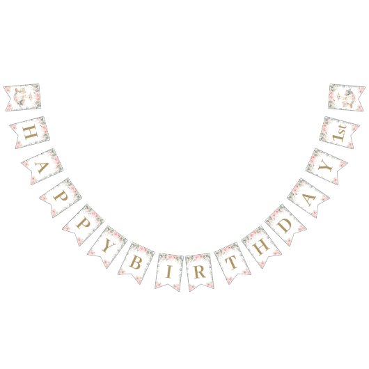 シックなウッドランド動物赤面ピンクフローラ誕生日 バンティングフラッグ (全)