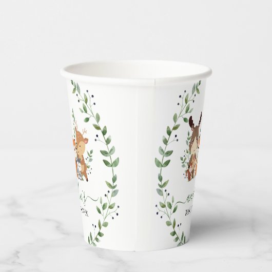 シックなウッドランド森林緑の動物の赤ちゃんシャワー 紙コップ (右)