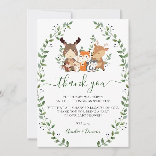 シックなウッドランド緑の森の動物の赤ちゃんシャワー サンキューカード (正面)