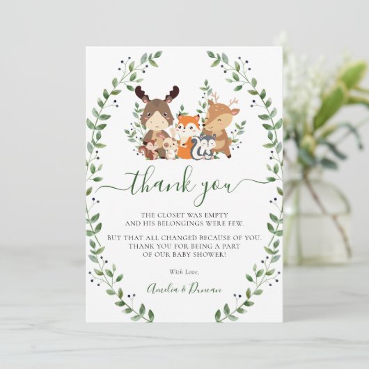シックなウッドランド緑の森の動物の赤ちゃんシャワー サンキューカード (スタンド正面)