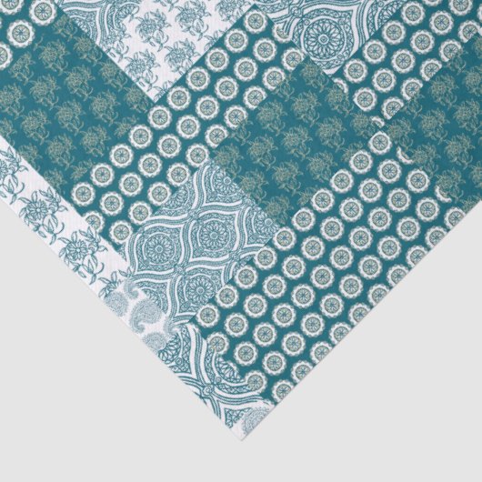 シックなエスニックフェイクパッチワークのパターン、ティール(緑がかった色)と白 薄葉紙 (詳細)