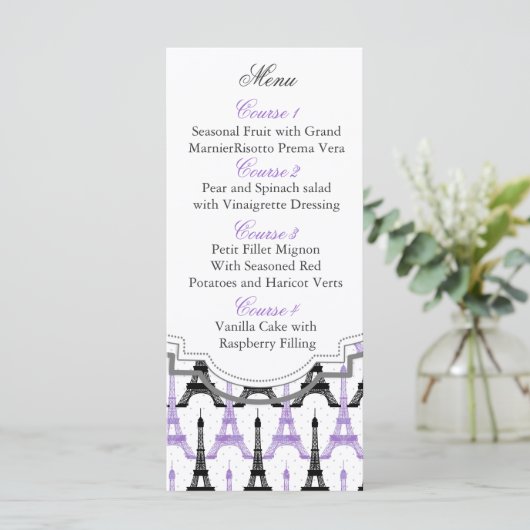 シックなエッフェルタワーパープルパーソナライズされたメニューカード メニュー (スタンド正面)