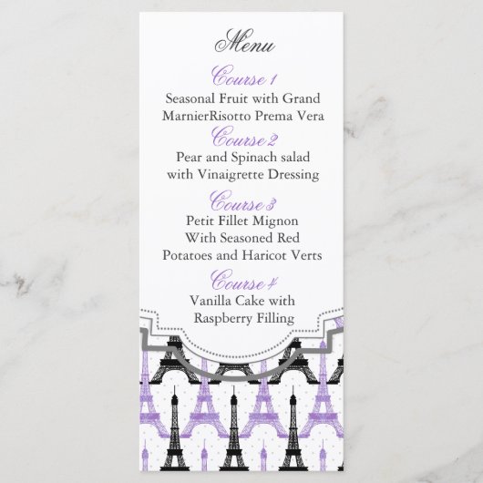 シックなエッフェルタワーパープルパーソナライズされたメニューカード メニュー (正面)