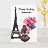 シックなエッフェルタワー、女の子、ハートバルーン誕生日 カード (黄色い花)