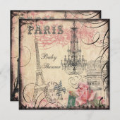 シックなエッフェル塔及びシャンデリアのベビーシャワー 招待状 (正面/裏面)