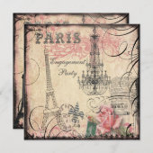 シックなエッフェル塔及びシャンデリアの婚約パーティ 招待状 (正面/裏面)