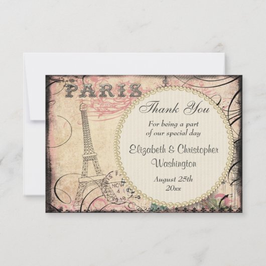 シックなエッフェル塔及びシャンデリアは結婚式感謝していしています サンキューカード (裏面)
