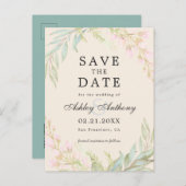 シックなエメラルドとピンクのフローラエレガントが日付を保存 案内ポストカード (正面/裏面)
